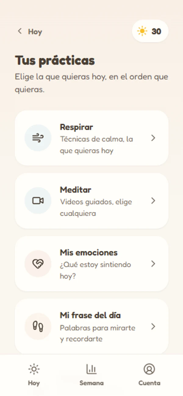 Pantalla Tus prácticas de la app: Respirar, Meditar, Mis emociones, Mi frase del día y Mi cuento