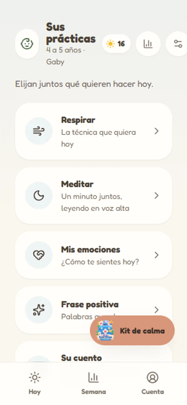 Sección del peque con Respirar, Meditar, Mis emociones, Afirmación positiva, Su cuento y Videos de emociones