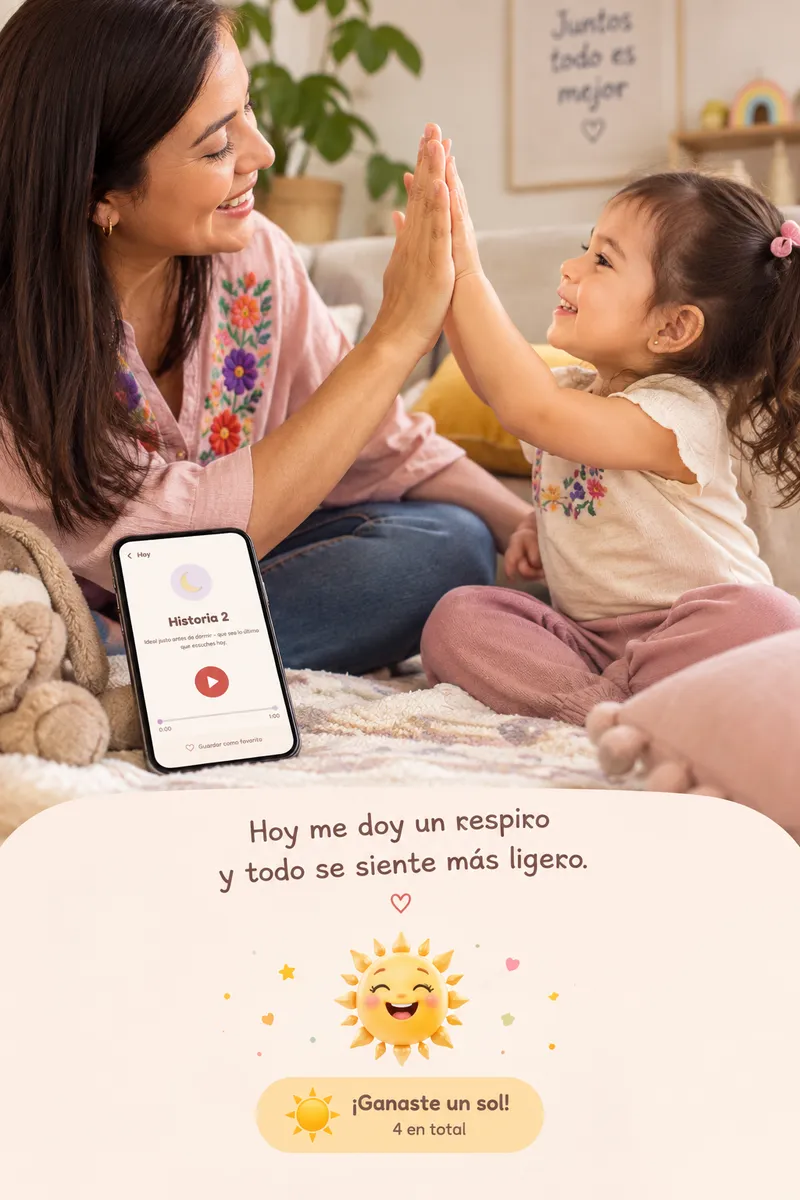 Una mamá y su hija chocando las manos; el celular muestra una historia y la app celebra con un sol