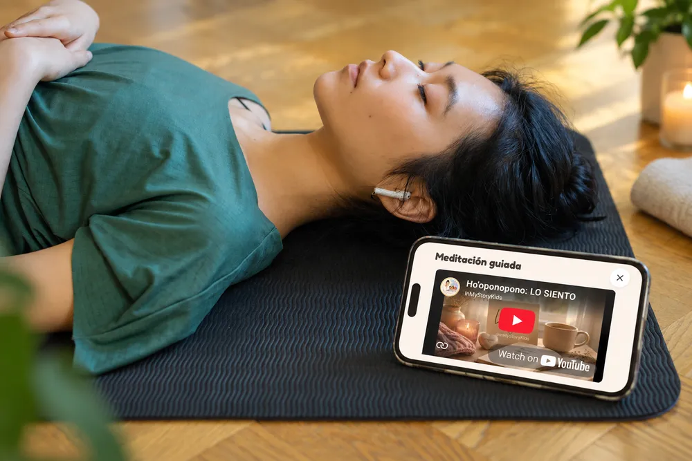 Una persona recostada escuchando una meditación guiada en su celular